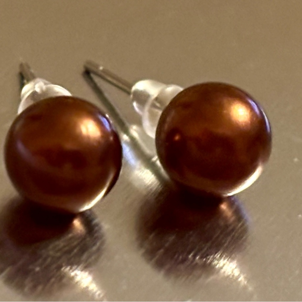 Brown Faux Pearl Stud Earrings